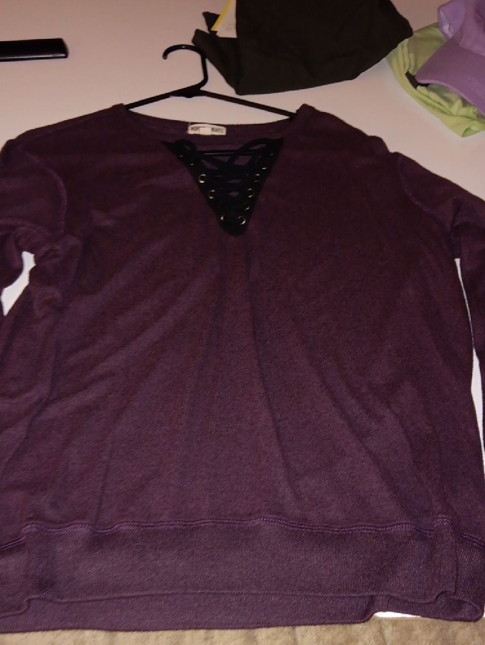 Inspired Hearts Lace-Up V-Neck Pullover in Plum